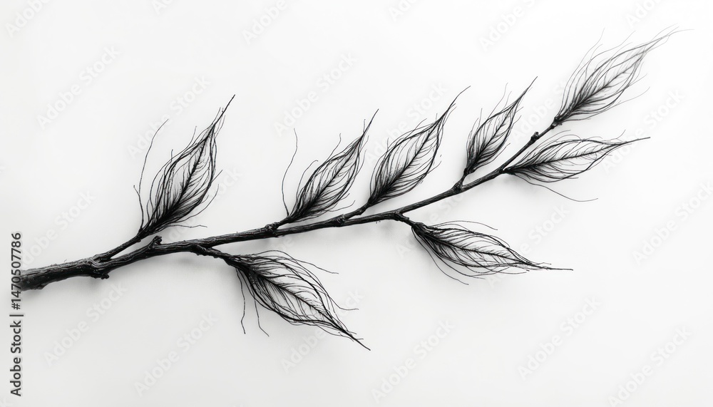 Obraz premium Minimalist black ink tattoo design of a branch with leaves. Simple fine line art style on white background. Modern tattoo design for body decoration. Nature, floral and botanical themes.