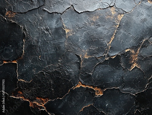 Dark, textured surface with deep cracks and crevices, showing aged, worn appearance. Gold highlights accentuate the fissures