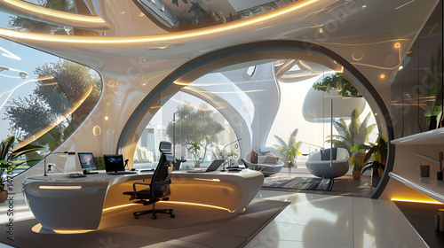Futuristic office space with curved architecture and natural light featuring modern desk and chair