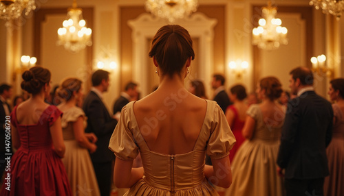 Noble lady admirably observes ballroom dance, elegant evening event photo