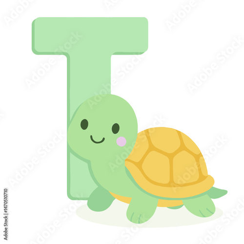 Uppercase Letter T with Cute Turtle – Animal Alphabet Vector for Kids
