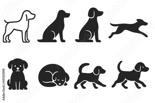 Minimalist dog silhouette icons set – sitting, running, sleeping, standing, puppy. Flat icon set