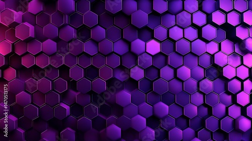 Purple hexagons arranged in a gradient from light to dark, set against a black background for a striking contrast. 