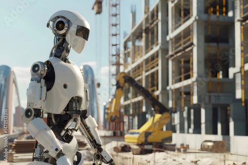 建設現場の白いロボット 日中の産業機械と構造物の背景 技術的進歩と未来のエンジニアリング