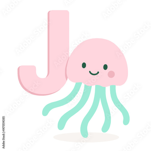 Uppercase Letter J with Cute Jellyfish – Animal Alphabet Vector for Kids
