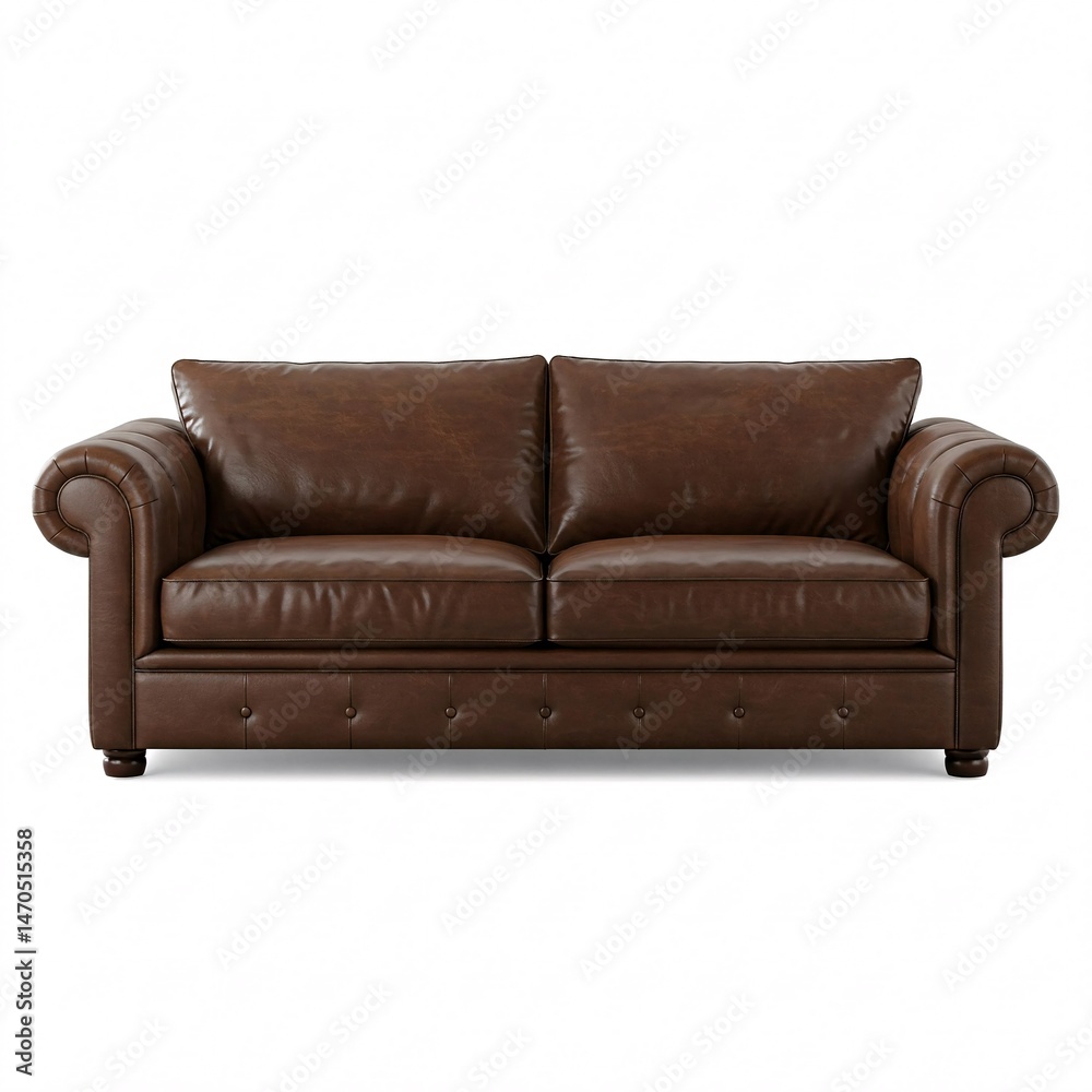 Fototapeta premium Brown leather two-seater sofa with armrests, isolated on white background.
