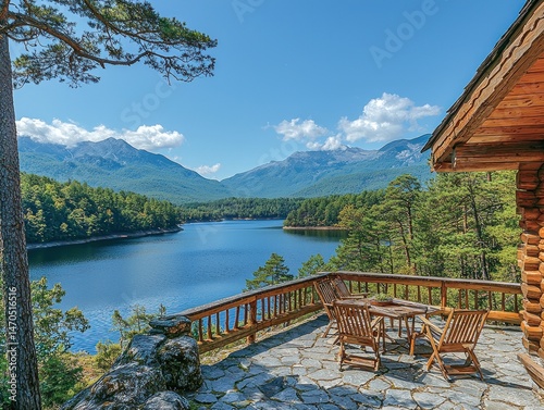 Serene mountain lake view from a wooden cabin's deck, featuring patio furniture and a stunning landscape