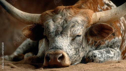A bull with horns peacefully sleeping, isolated on a background