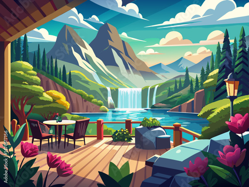 vector of Very beautiful view from the terrace to the mountain waterfall. Photo wallpaper, wallpaper on the wall.