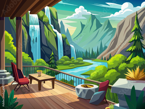 vector of Very beautiful view from the terrace to the mountain waterfall. Photo wallpaper, wallpaper on the wall.