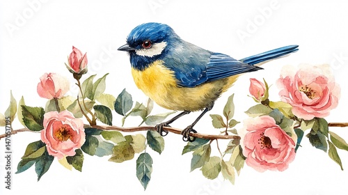 Serene Watercolor Blue Tit Bird Pink Roses Floral Botanical Painting