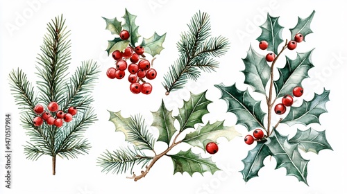 Elegant Watercolor Christmas Holly Evergreen Elements for Festive Designs