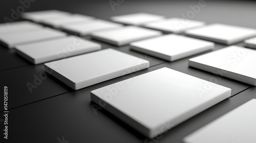 White square shapes with soft shadows on a black background, creating a three-dimensional effect.