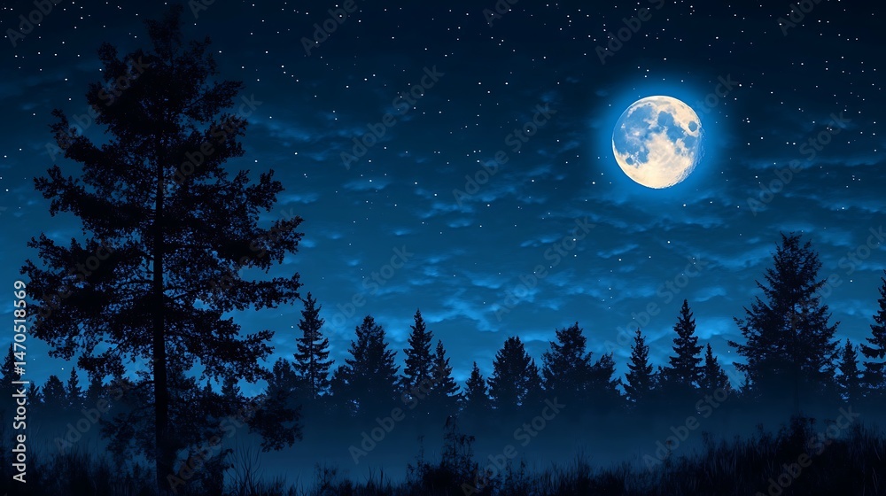 Fototapeta premium Enchanting Moonlight Silhouette Deep Night Forest Scene Natural Beauty Of The Quiet Night Time