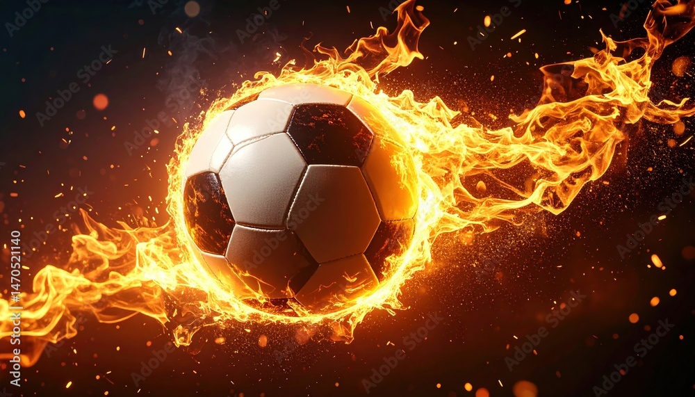 Fototapeta premium Fiery soccer ball in motion surrounded by flames and sparks