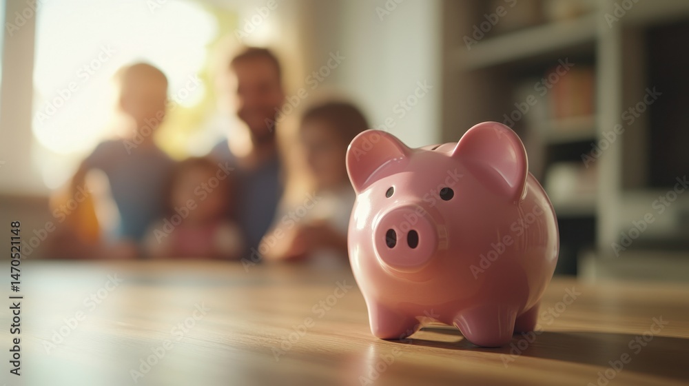 Obraz premium Pink piggy bank symbolizes family savings and financial growth on a wooden desk illuminated by soft daylight, reflecting shared values and aspirations of unity and stability