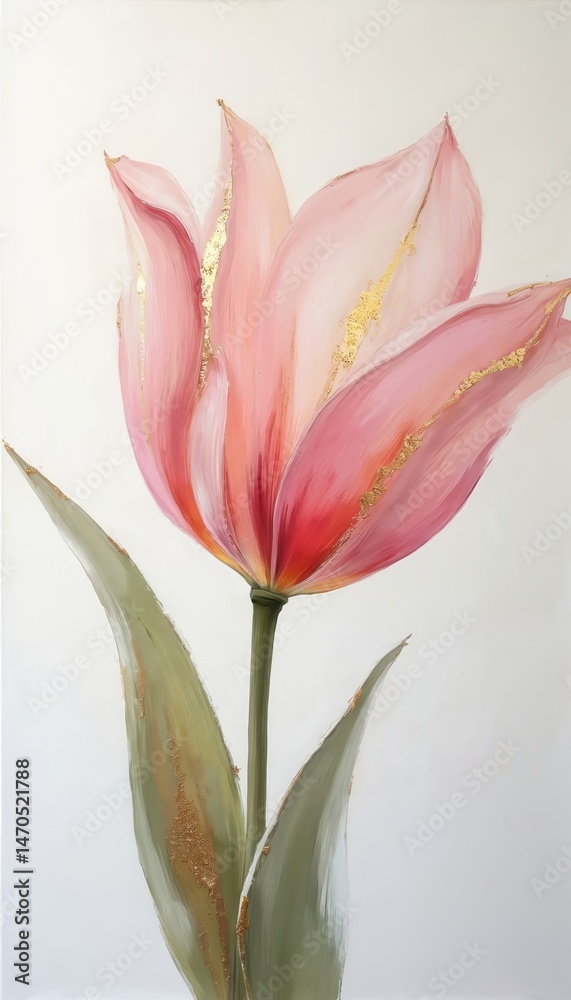 Fototapeta premium Abstract oil painting of pink tulip with gold foil accents on white background. Floral artwork for interior design or wall decor. Elegant contemporary art piece.