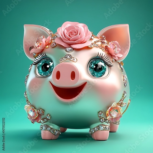 Adorable Piggy Bank with Flowers and Diamonds A Charming Combination of Frivolity and Financial Responsibility