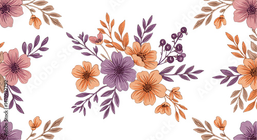 Watercolor Floral Pattern: Seamless Design with Purple and Orange Flowers photo