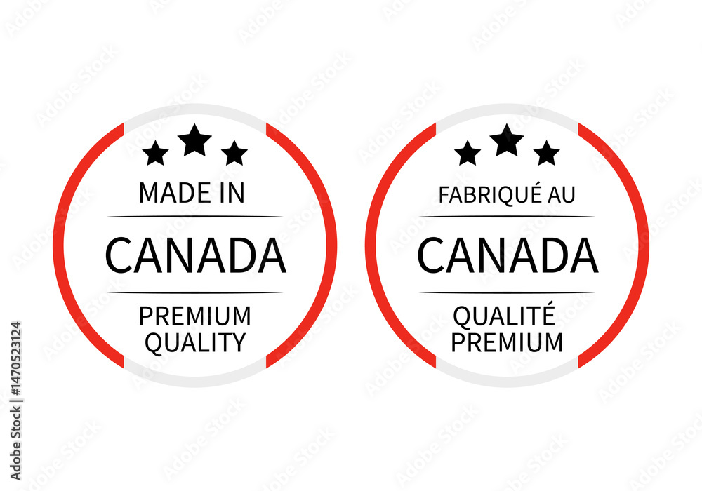 Made in Canada round labels in English and in French languages. Quality mark vector icon. Perfect for logo design, tags, badges, stickers, emblem, product package, etc.