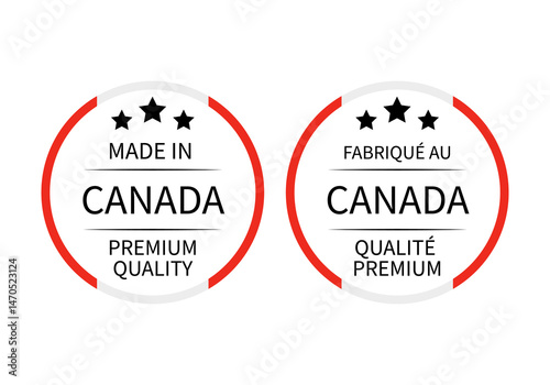 Obraz na płótnie Made in Canada round labels in English and in French languages. Quality mark vector icon. Perfect for logo design, tags, badges, stickers, emblem, product package, etc. w salonie