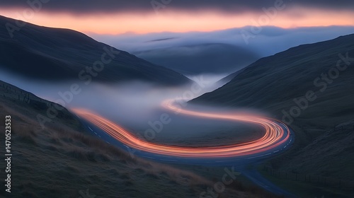 An Evening Scenic Drive Through Mountains and Valleys with Foggy Mystical Background Landscape View