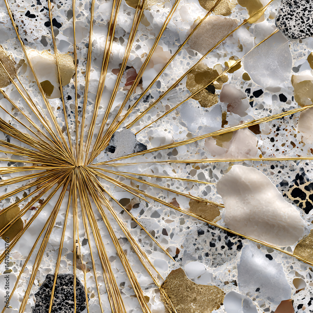 Obraz premium Terrazzo Artistry: An abstract arrangement of polished marble chips, gold elements, creating a unique pattern and design.