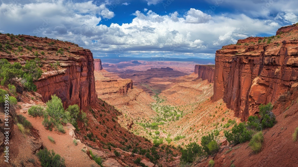 Fototapeta premium High desert canyon vista, dramatic red rock formations.