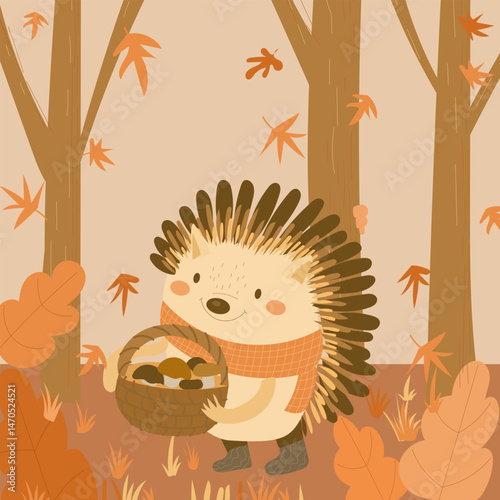 Autumn scene with hedgehog with basket with mushrooms, flat vector cartoon