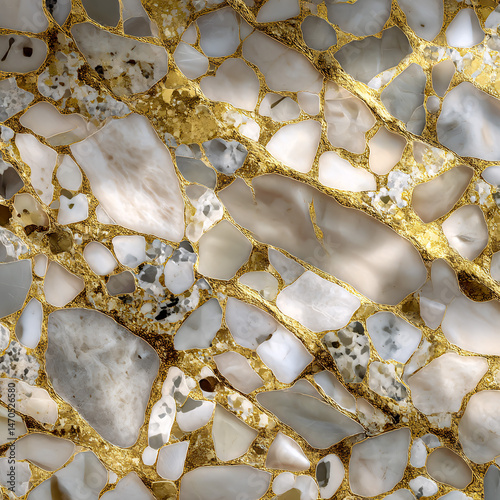 Wallpaper Mural Golden Terrazzo Texture: Luxurious golden terrazzo texture with white and grey stone pieces. This image showcases the intricate detail and rich color of this high-end material. Torontodigital.ca
