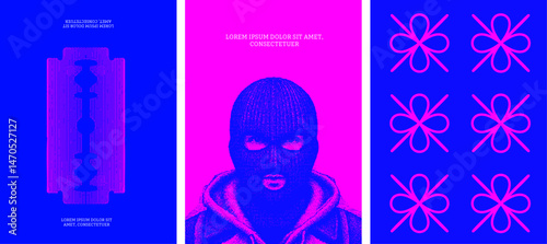 Striking blue man with ski mask bold portrait, dynamic razor blade, and geometric patterns in vibrant pink and blue