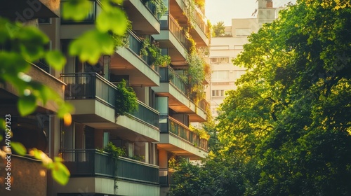 Modern apartment building, sunny city, green foliage, urban living, real estate