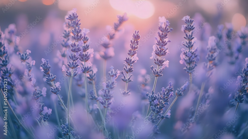 Obraz premium Lush lavender field bathed in soft sunset light.