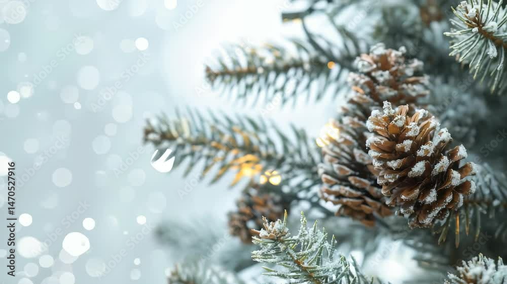 Close-up of pine cones and frosted branches adorned with subtle lights, set against a bokeh backdrop. The image captures the stillness of winter, ideal for festive greetings and seasonal design.