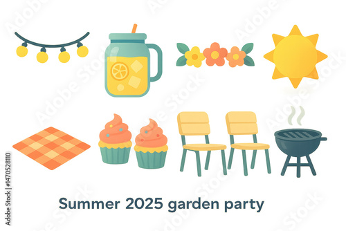 Summer garden party icons set – lights, lemonade, flowers, sun, picnic, cupcakes, chairs, grill. Flat icon set