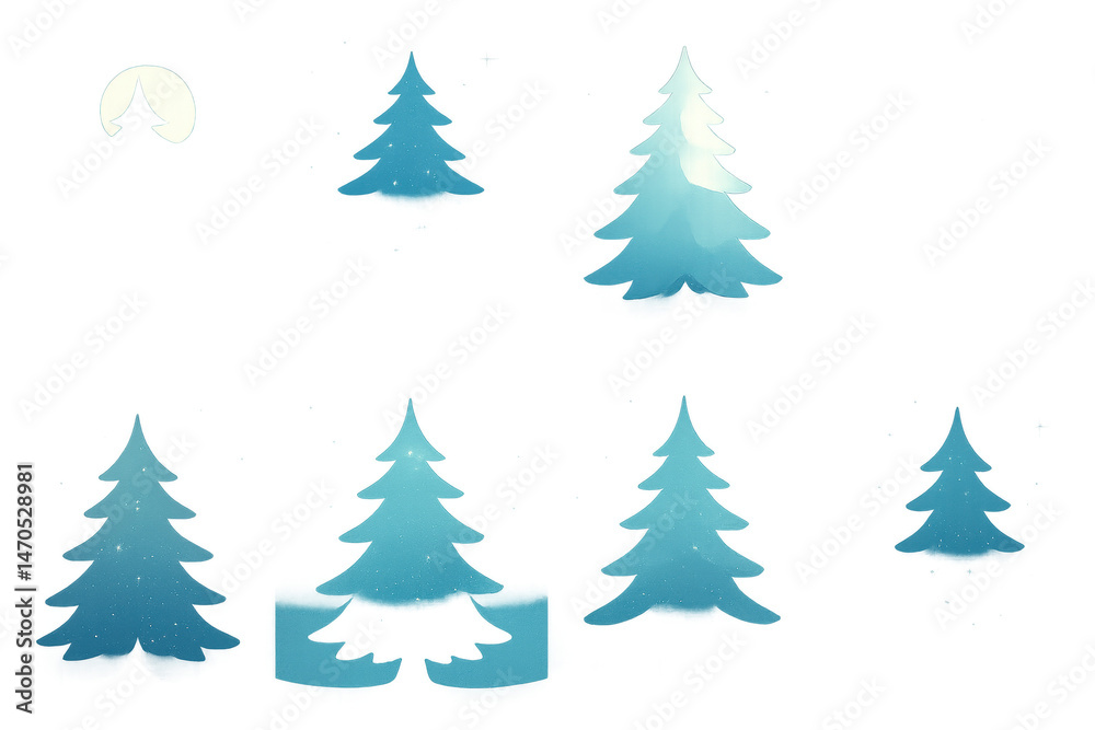 Snowy night fir tree icons set – moon, pine, winter, frost, twilight, forest. Flat icon set Snowy night fir tree icons set – moon, pine, winter, frost, twilight, forest. Flat icon set