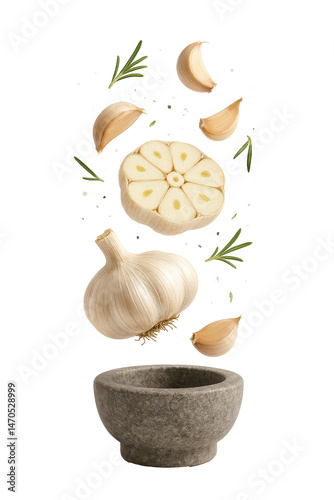 Fresh garlic cloves, rosemary and peppercorns floating above a stone mortar on isolated background