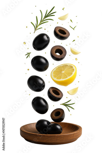 Whole and sliced black olives with lemon, garlic and rosemary levitating above a wooden bowl on transparent background