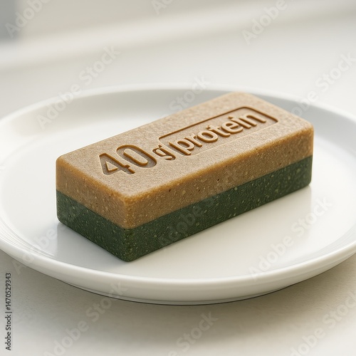 Protein bar served on a white elegant plate on dark background with decorative crumbs, concept of healthy nutrition and fitness snack