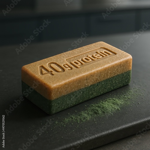 High protein energy bar with spirulina powder on dark kitchen counter, concept of sports nutrition and healthy lifestyle