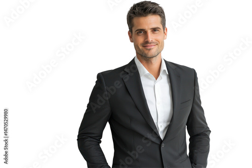 Confident handsome businessman in suit smiles, a portrait of success