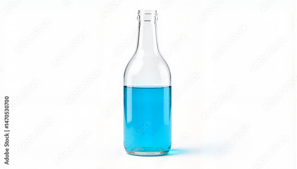 Clear glass bottle with vibrant blue liquid on white background, elegance Clear glass bottle with vibrant blue liquid on white background, elegance