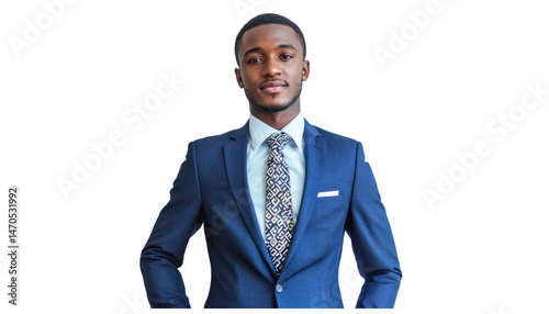 Confident African American businessman in a black suit and tie smiles, embodying success