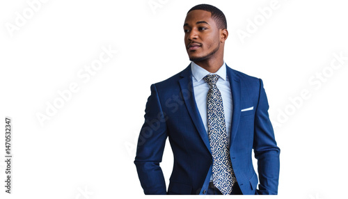 A confident, handsome African American businessman in a black suit and tie stands smiling, embodying corporate success