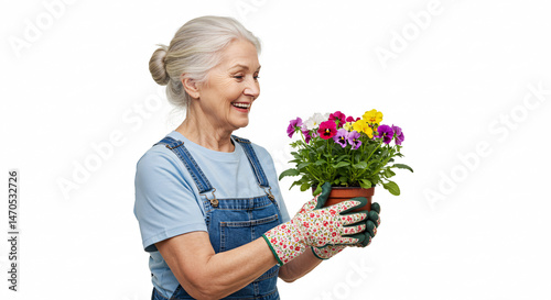 Happy senior woman holding flower pot with plants