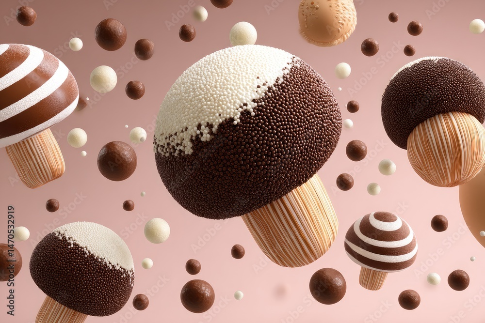 Fototapeta premium Chocolate Mushrooms with Sweet Treats, and Pink Background.