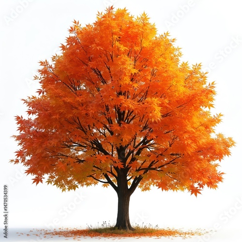 Sugar maple tree with vibrant orange and yellow autumn leaves, set against clean white background. Fall foliage showcase. Ideal for seasonal designs. Nature scene in full bloom. Season change concept.