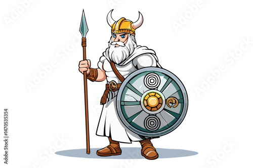 Frowning angry Celtic warrior in a horned helmet, with shield and spear, Viking or Gallic warrior, 