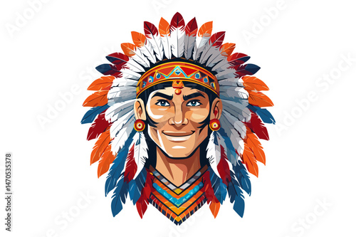 Portrait of a Native American Chief, adorned with a majestic feathered headdress, Indian tribal Warrior Leader photo
