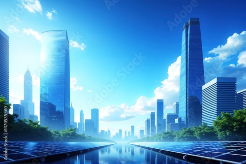 Sustainable Urban Skyline with Solar Panels, Ideal for Green Tech and City Development Projects